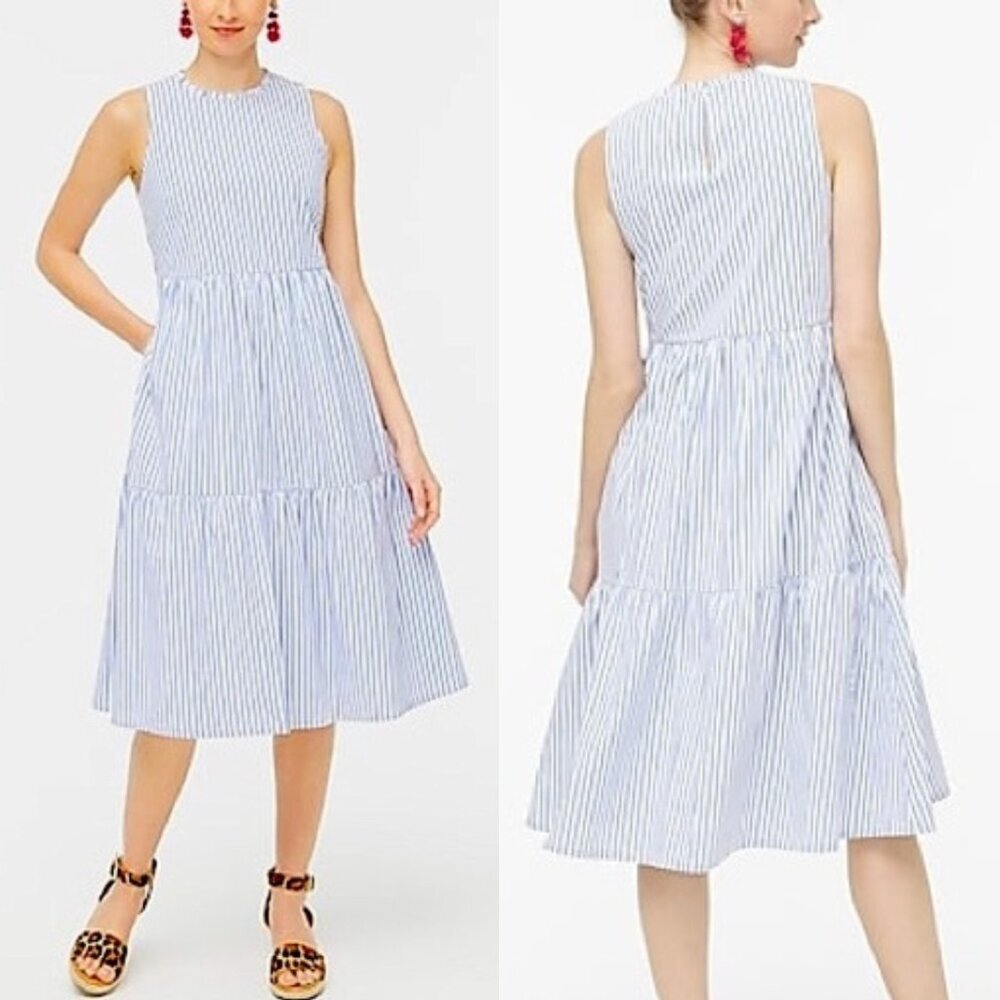 J. Crew Blue and White Striped Sleeveless Midi Dress